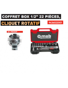 Coffret box 1/2'' 22 pièces, 6 pans, cliquet rond rotatif, mousse